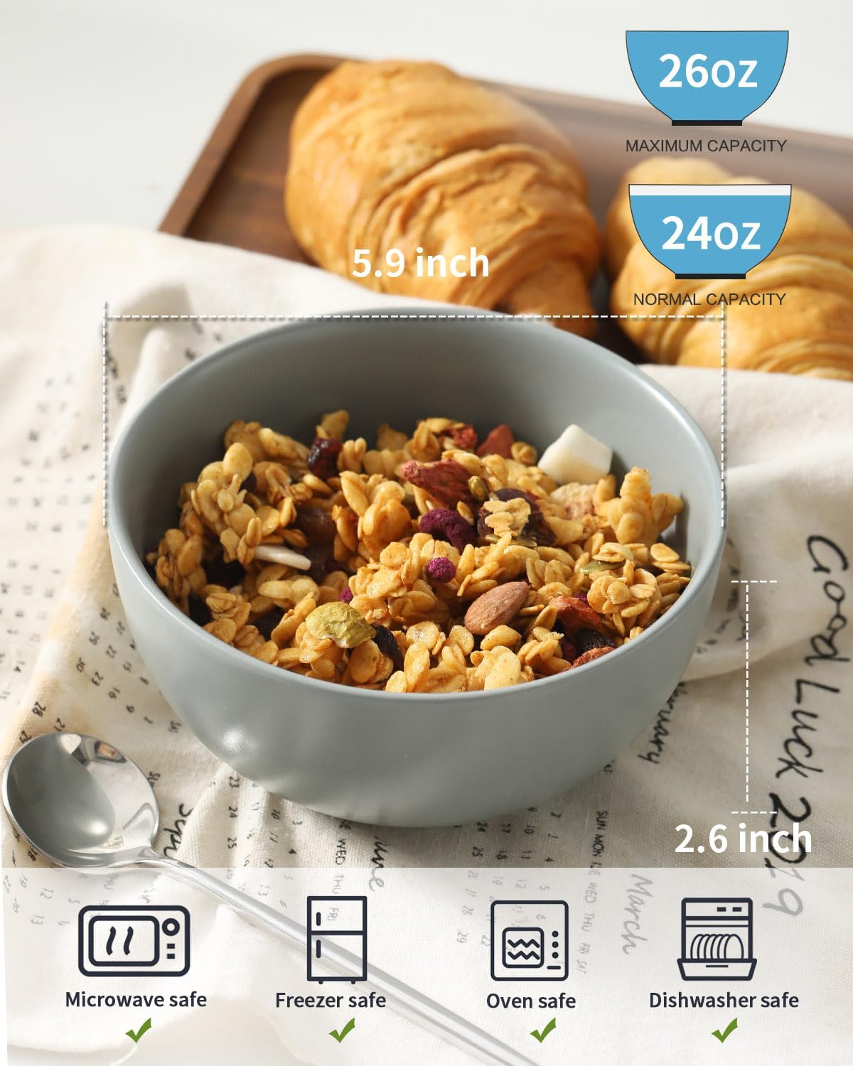 Cereal Bowls Set of 4, 24 oz Bowls for Kitchen, Ceramic Bowls for Salad, Fruit, Breakfast, Dessert, Stoneware Soup Bowls, Dishwasher & Microwave Safe, Pebble Gray