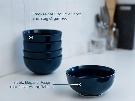 KooK Soup Bowls, Cereal Bowl, Ceramic, Bowls for Kitchen, Microwave, Dishwasher and Freezer Safe, Porcelain Dishes for Pasta, Salad, Oatmeal, Deep Interior, 20 oz, Set of 6, (Navy)