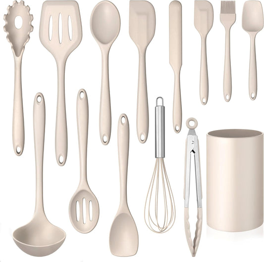 LIANYU 14 Pcs Kitchen Utensils Set with Holder, Silicone Cooking Utensils Spatula Set, Heat Resistant Cookware Tools Includes Spoon Turner Whisk Tong, Dishwasher Safe, Khaki