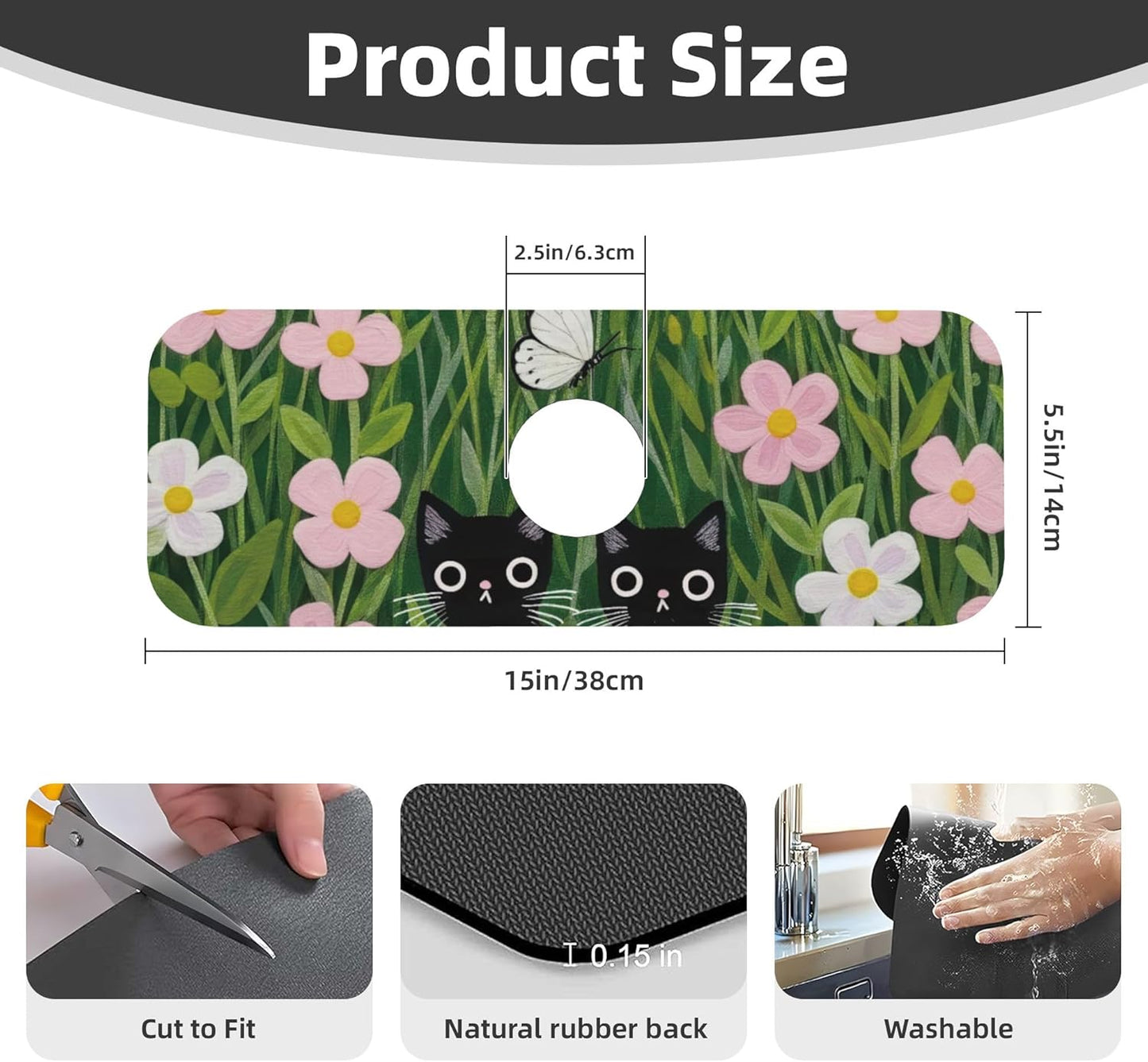 Pink Floral Cat Dish Drying Mat for Kitchen Counter, 16"x18" Microfiber Absorbent Fast Dry Mat, 2Pcs Dish Mat Faucet Mats Sets, Large Drying Kitchen Mat Kitchen Drying Pad Coffee Bar Decor Gifts