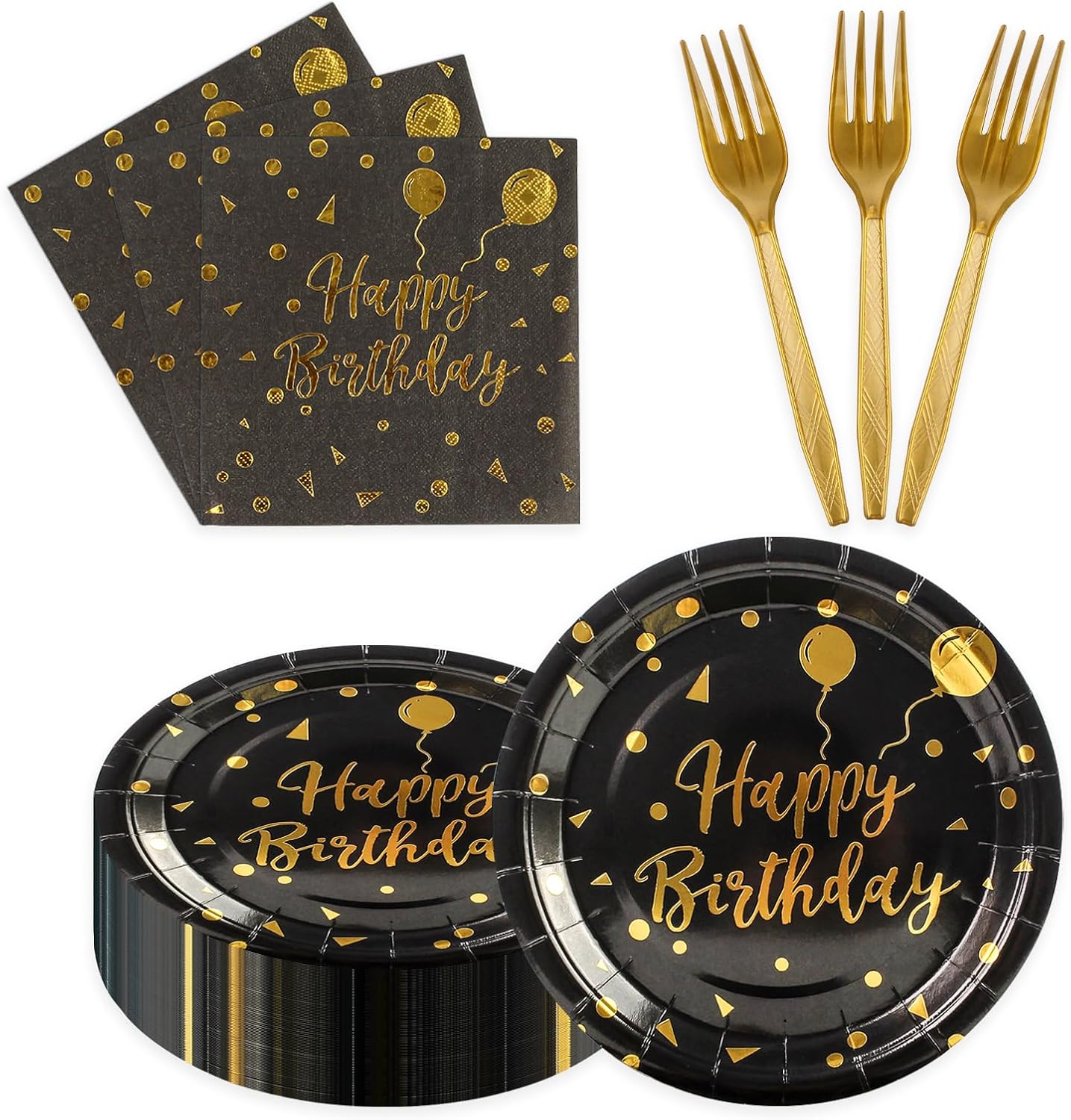 90PCS Happy Birthday Plates and Napkins Party Supplies, Disposable Black Gold Dot Dessert Paper Plates Napkins with Forks Tableware Set Party Decorations for Girl Women Birthday Parties