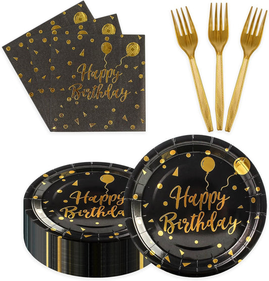 90PCS Happy Birthday Plates and Napkins Party Supplies, Disposable Black Gold Dot Dessert Paper Plates Napkins with Forks Tableware Set Party Decorations for Girl Women Birthday Parties