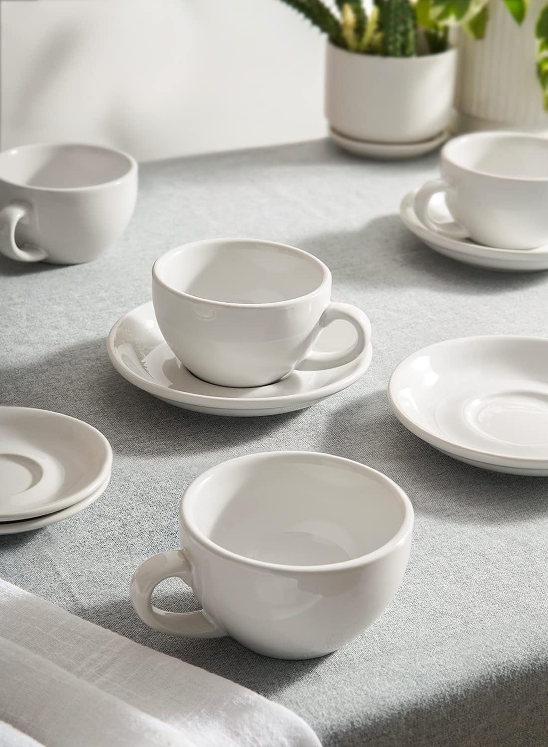 LE TAUCI 8 oz Cappuccino Cups with Saucers, Heavyweight Ceramic Large Coffee Cup for Au Lait, Double shot, Latte, Cafe Mocha, Tea - Dishwasher Safe, Set of 4, White