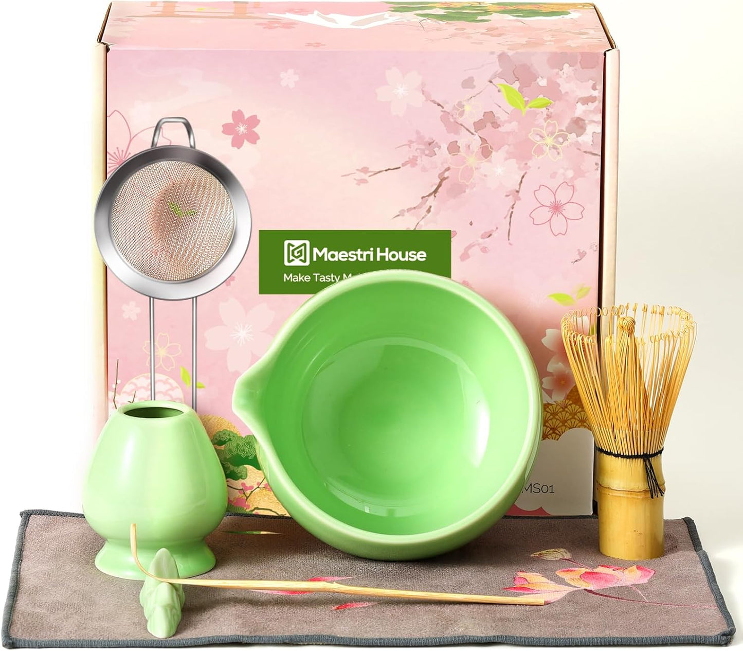 Maestri House 7 Pcs Matcha Whisk Set, Ceramic Tea Kit with Spouted Bowl, Whisk & Holder, Bamboo Scoop, Scoop Rest, Sifter & Cloth – Complete Japanese Tea Gift Set for Beginners & Tea Lovers (Green)