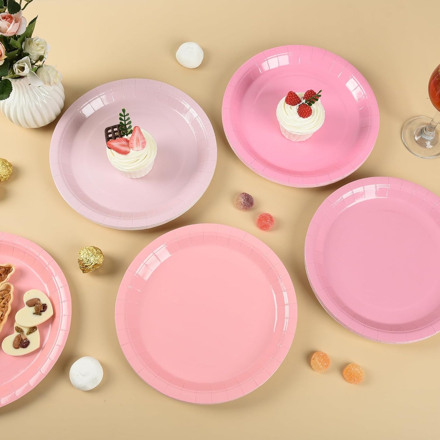 48Pcs Pink Paper Plates Gradient Color Party Plate 9 Inch Disposable Round Dinner Dessert Plates for Pink Bow Birthday Wedding Baby Bridal Shower Coquette Party Supplies