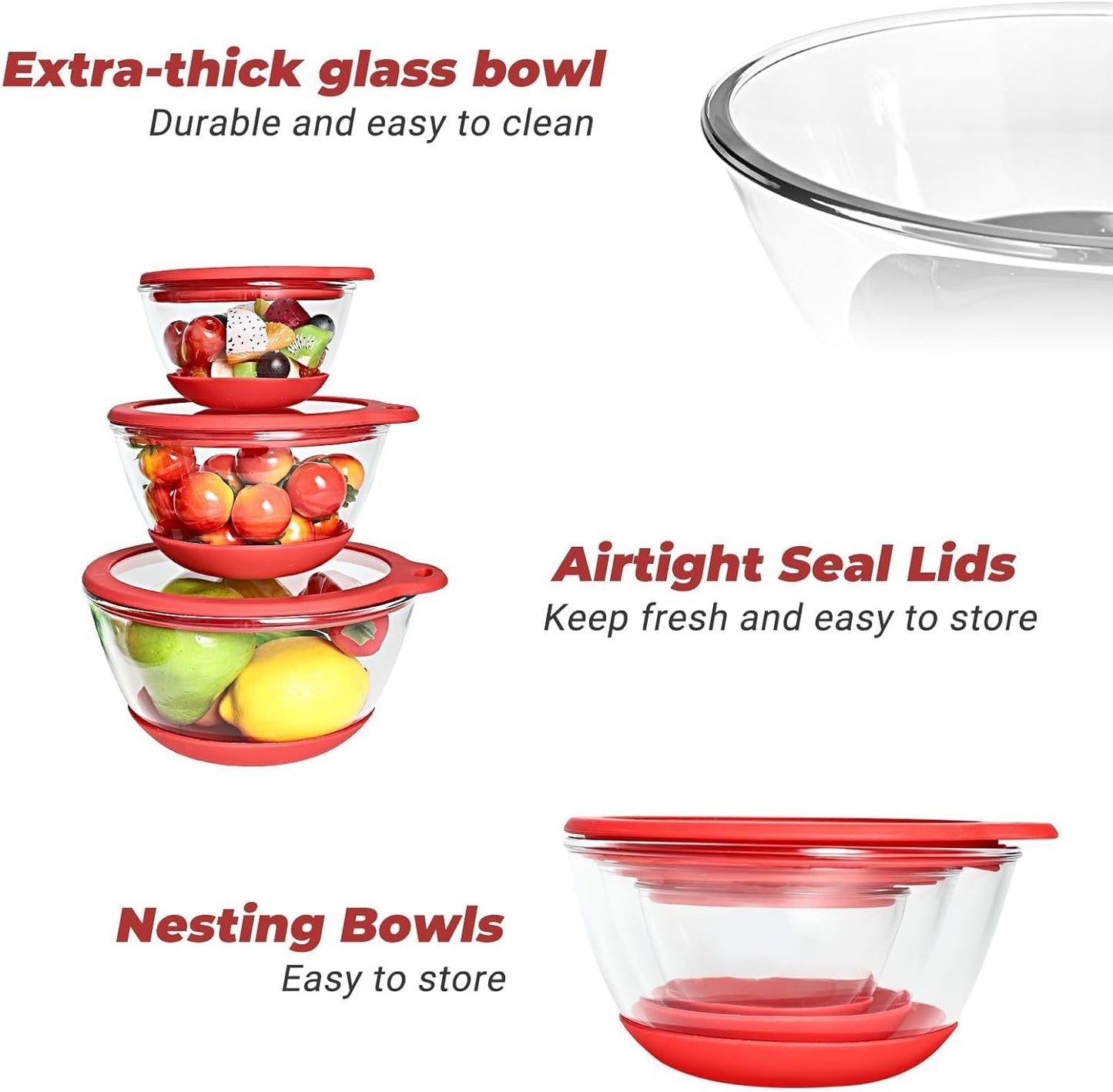 Glass Mixing Bowls Set of 3 with BPA-Free Airtight Lids, Large Nesting Bowls with Non-Slip Silicone Base, Ideal for Food Storage, Dishwasher & Microwave Safe, Sizes: 2, 1, 0.5 QT Red