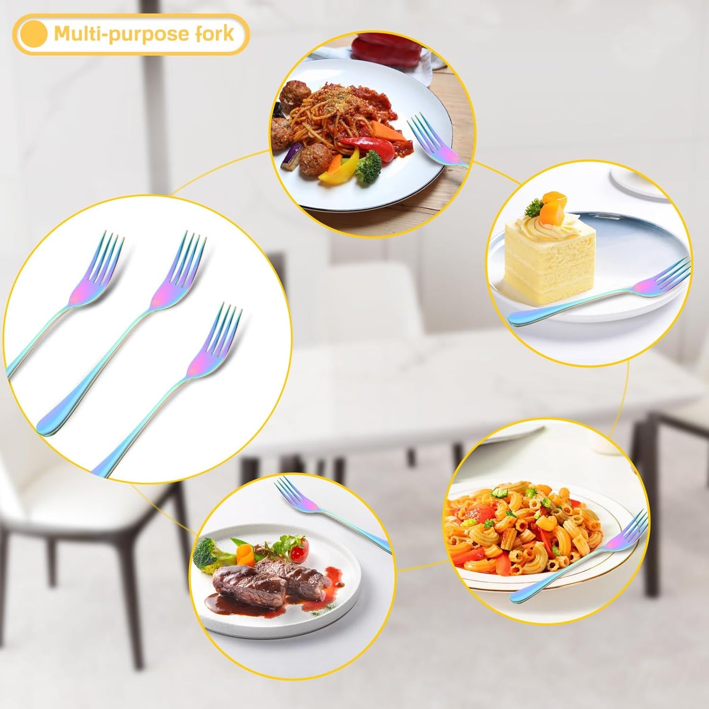 12 Pieces Spoons and Forks Set,Food Grade Stainless Steel Flatware Cutlery Set,6 Forks and 6 Spoons Silverware Set for Home,Kitchen,Restaurant-Mirror Polished & Dishwasher Safe(Rainbow)