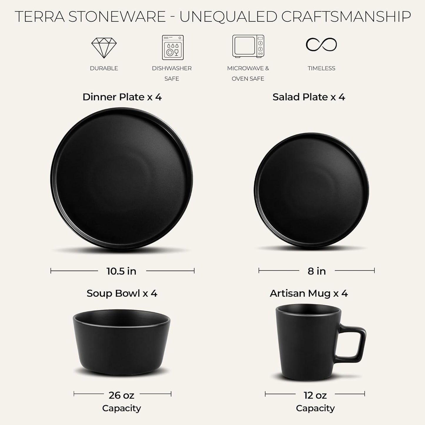 Zulay Kitchen Terra Plates and Bowls Sets, 16 Piece Modern Stoneware Dish Set for 4, Chip and Scratch Resistant Ceramic Dinnerware Set, Microwave and Dishwasher Safe, Matte Black