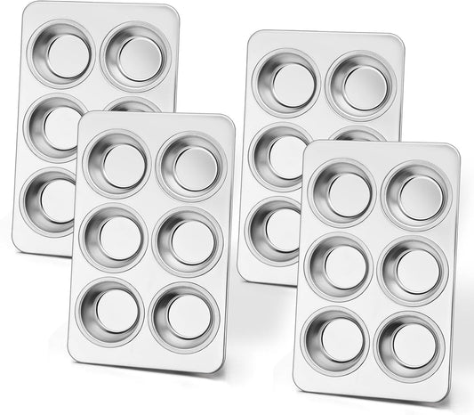 E-far Muffin Pan Set of 4, Stainless Steel Muffin Pan Tin for Baking, 6-Cup Metal Cupcake Pan Tray, Non-toxic & Healthy, Oven & Dishwasher Safe, Regular Size - 11.44 x 7.12 x 1.25 Inch