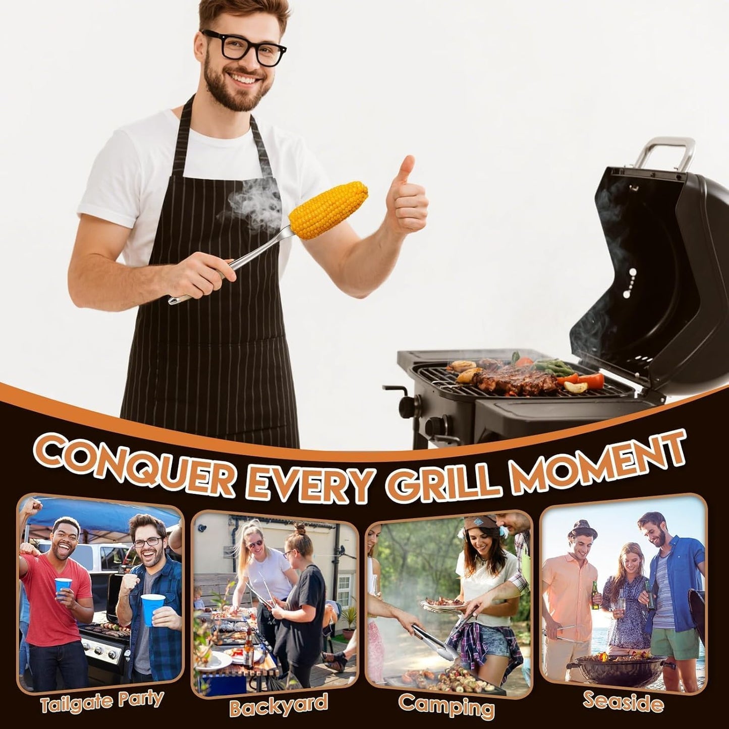 TIVOLI 3PCS Grilling Accessories, Heavy Duty BBQ Tool Set with Stainless Steel Spatula, Tongs, Fork, Wood Handles Barbecue Utensils Kit for Outdoor, Perfect Grill Gifts for Dad Men