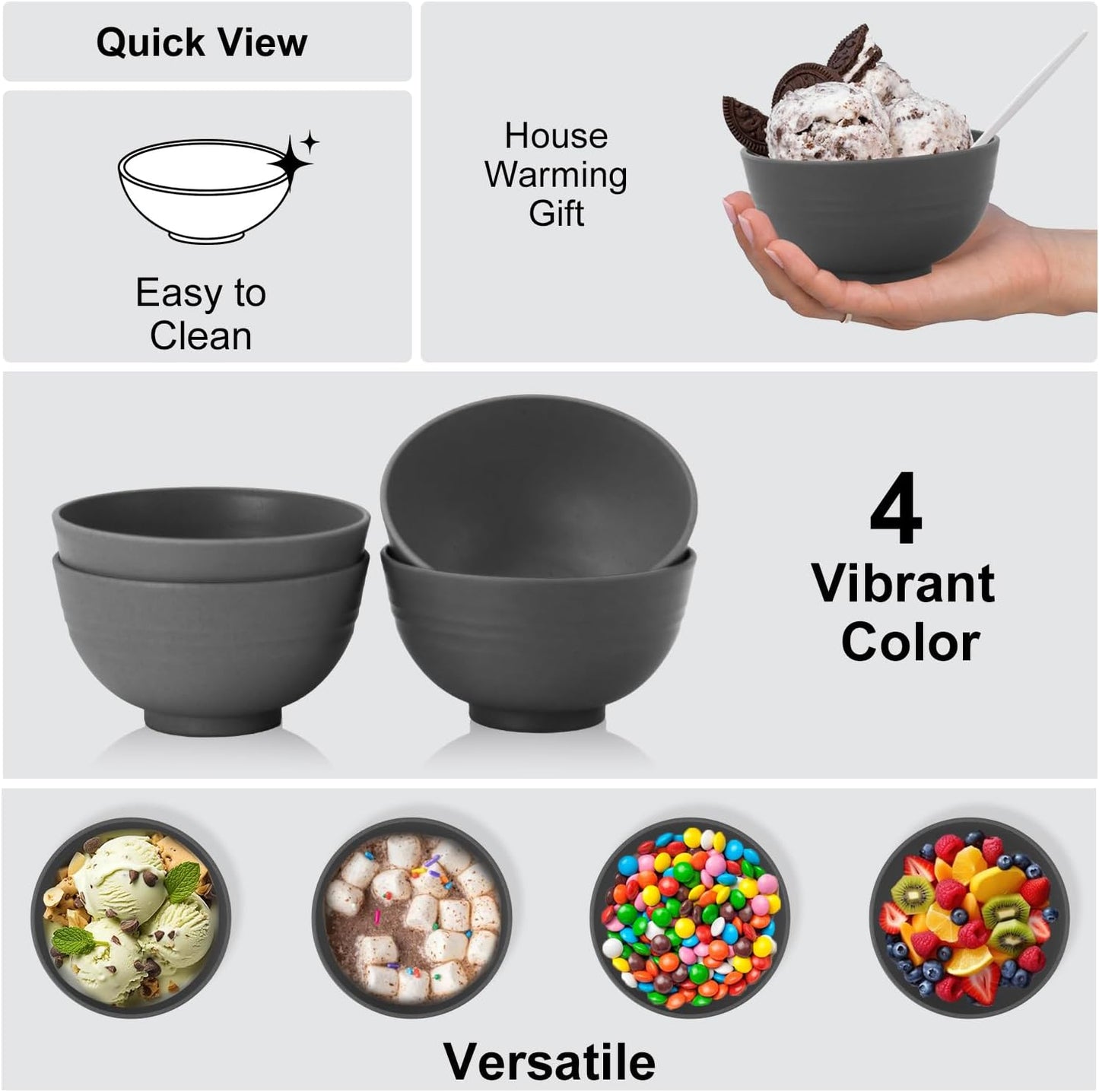 Wrova wheat straw small bowls 10oz set of 8 - Unbreakable Dessert Bowls for kids - Mini Bowl Sets for Ice Cream,Snack and Fruits - Microwave & Dishwasher Safe Appetizer Bowls (Deep Grey)