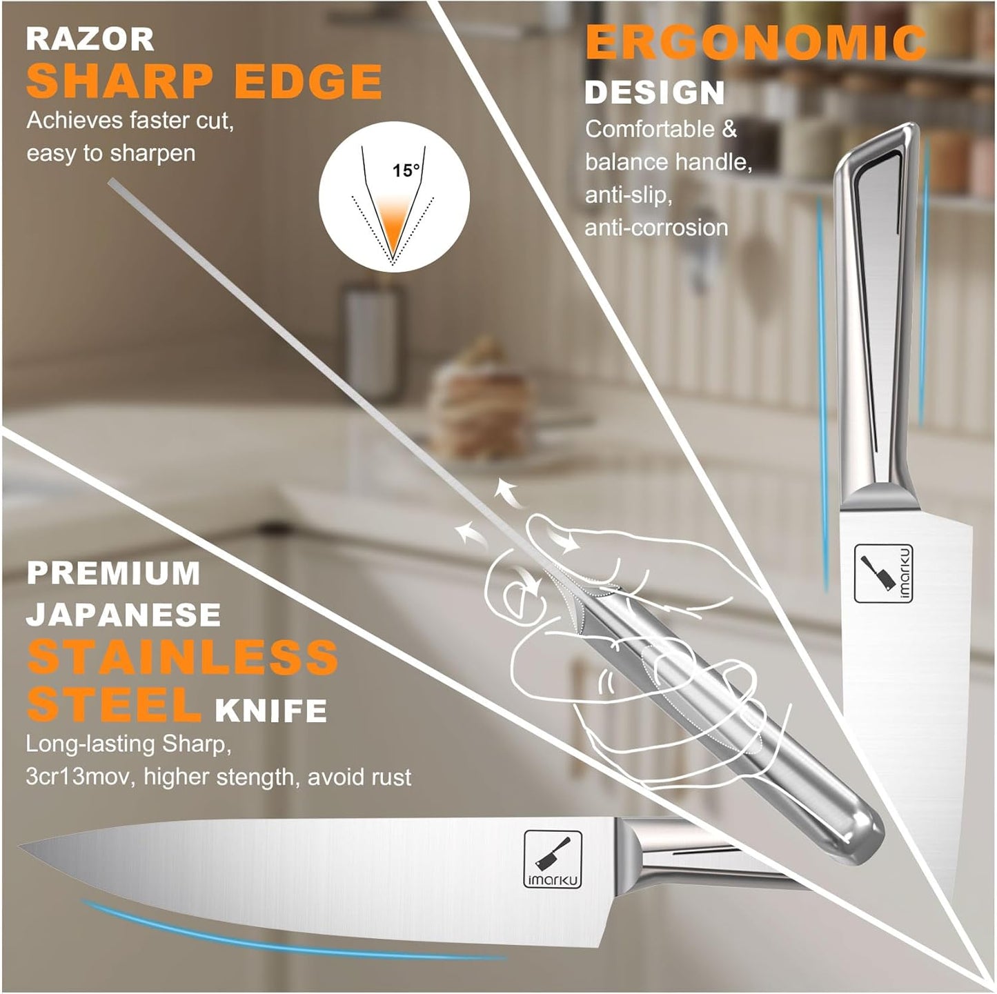 Knife Sets for Kitchen with Block imarku G14 Japanese Knife Set Stainless Steel Kitchen 14pcs, Built-in Sharpener, Sharp Knives with Non-slip Ergonomic Handle - Dishwasher Safe, Home Essential Gifts