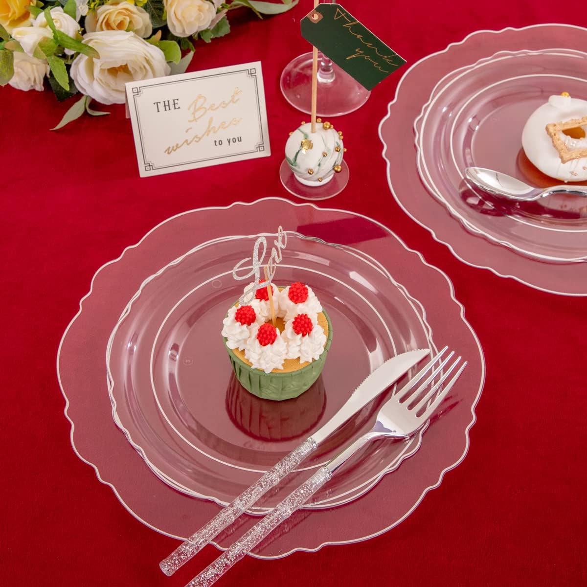 Ciaell 150PCS Clear Silver Plastic Plates & Disposable Plastic Silverware with Glitter Bamboo Handle Cutlery - Baroque Clear Silver Disposable Plates for Weddings & Parties