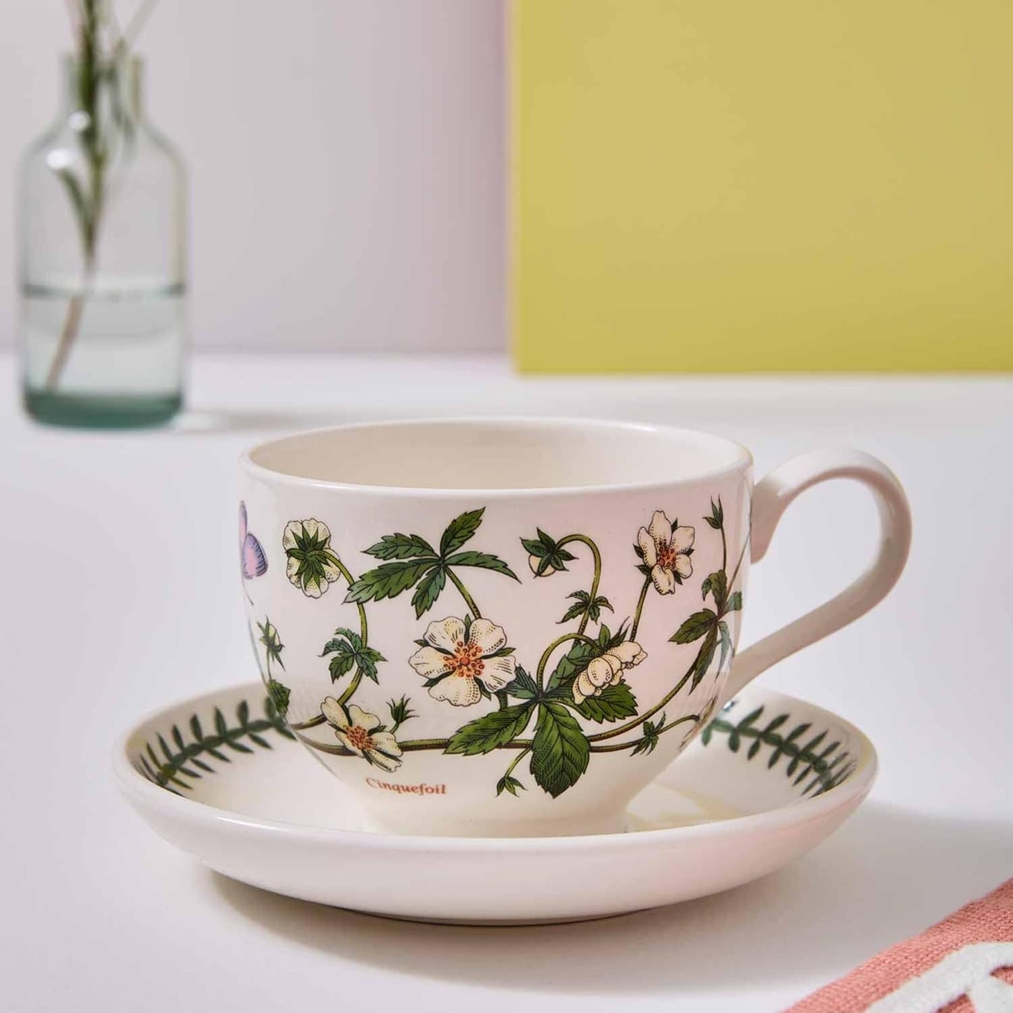 Portmeirion Botanic Garden 10oz Teacup and Saucer - Set of 6 | Assorted Floral Motifs | Fine Earthenware | Chip Resistant Glaze | Dishwasher, Microwave, Freezer, Oven Safe | Made in England