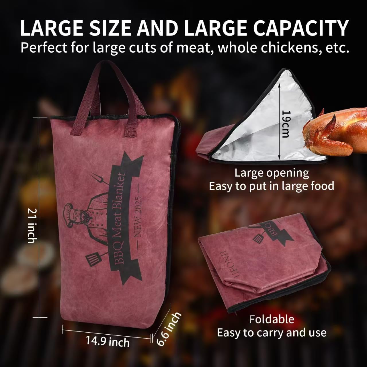 IIFONII BBQ Blanket for Resting Meat, Meat Resting Bag for Smoking, Reusable BBQ Resting Blanket, Insulated Meat Resting Blanket with Wide Capacity for Large Brisket/Beef, Smokers, Outdoor Activities