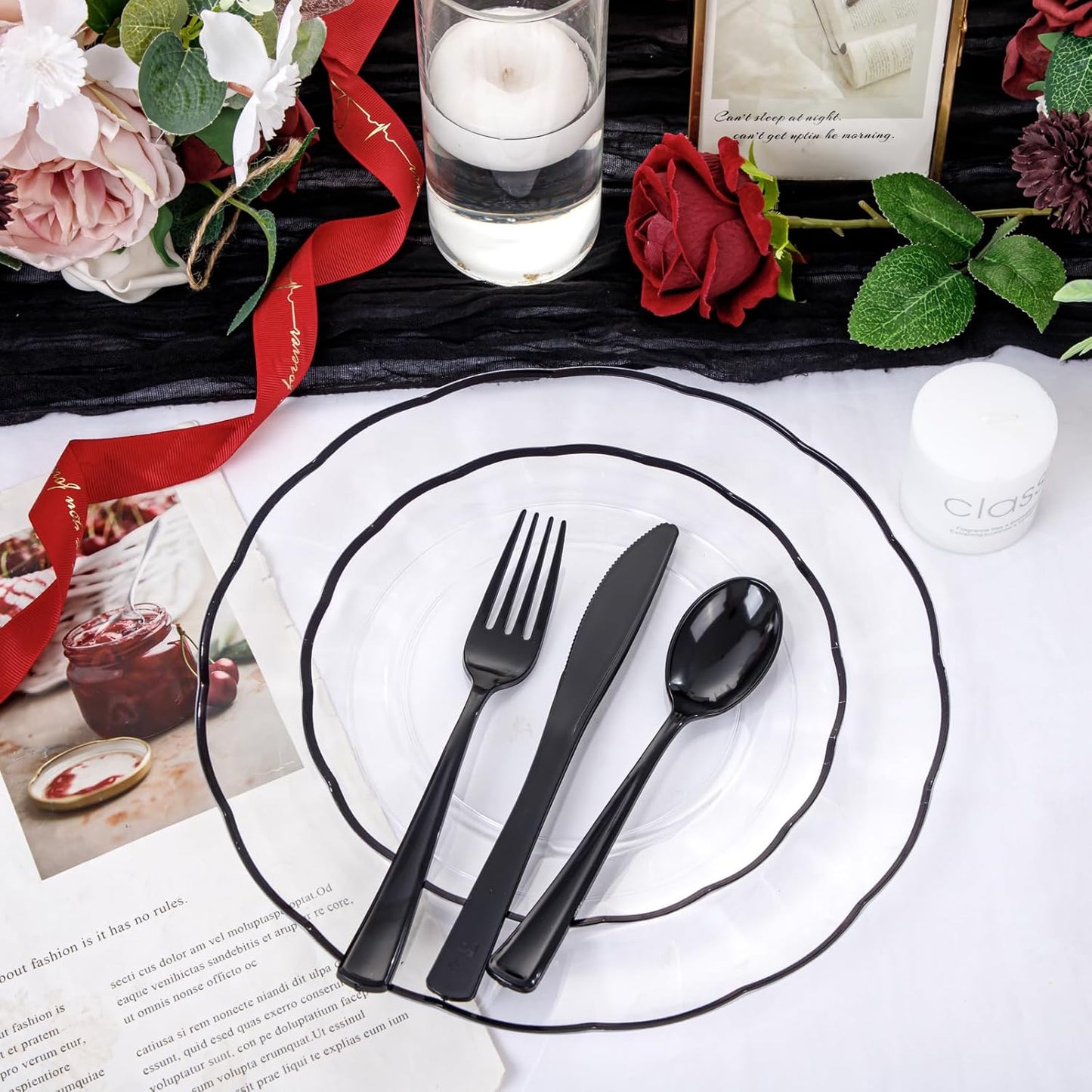 EI 150pcs Clear and Black Plastic Plates Dinnerware Disposable Party Set for 30Guests,Dinnerware Include 60 Clear Plates Disposable 90 Black Silverware,Perfect for Party&Halloween&Wedding