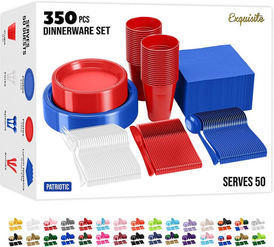 Party Solids 4th Of July Plates And Napkins Sets 350 Pieces Red White & Blue Plates And Napkins 4th Of July Decorations, 50 Of Each 9" Dinner Plate Set, 7" Plate, Cups, Napkins, Cutlery Dinnerware
