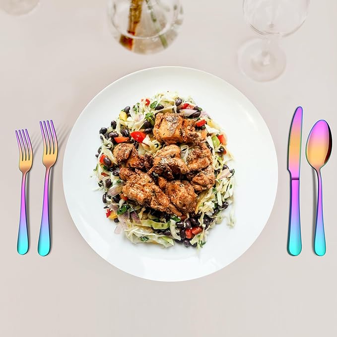 20 Piece Rainbow Silverware Set, ENLOY Colorful Stainless Steel Flatware Cutlery Set, Kitchen Utensil Set Service for 4, Include Forks Spoons Knives, Reusable, Mirror Polished, Dishwasher Safe