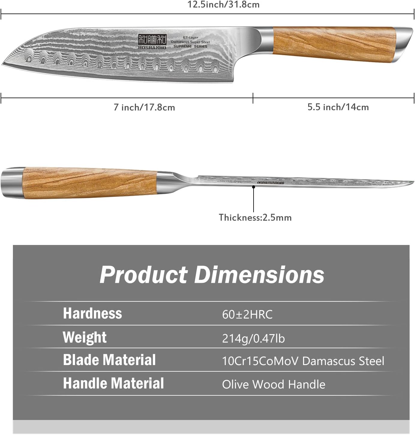 HOSHANHO Damascus Santoku Knife 7 Inch, Professional Japanese Damascus Super Steel Kitchen Knife, Sharp Cooking Knife with Durable Ergonomic Olive Wood Handle