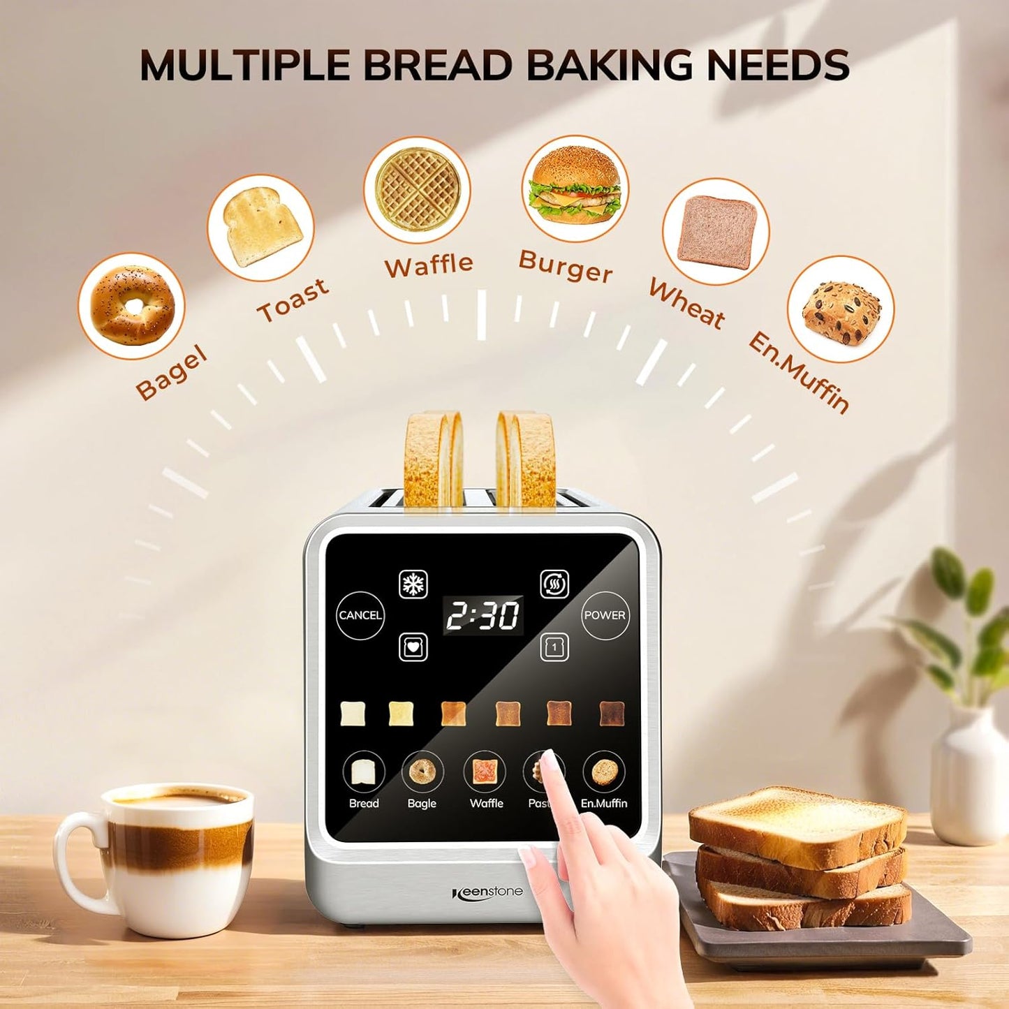 Keenstone Toaster 4 Slice, Digital Smart Toaster with TouchScreen, Memory Function, Single Slot Toasting, Timer, Reheat & Defrost for Bagels, Bread, Waffles, Muffin, Stainless Steel Kitchen Essentials