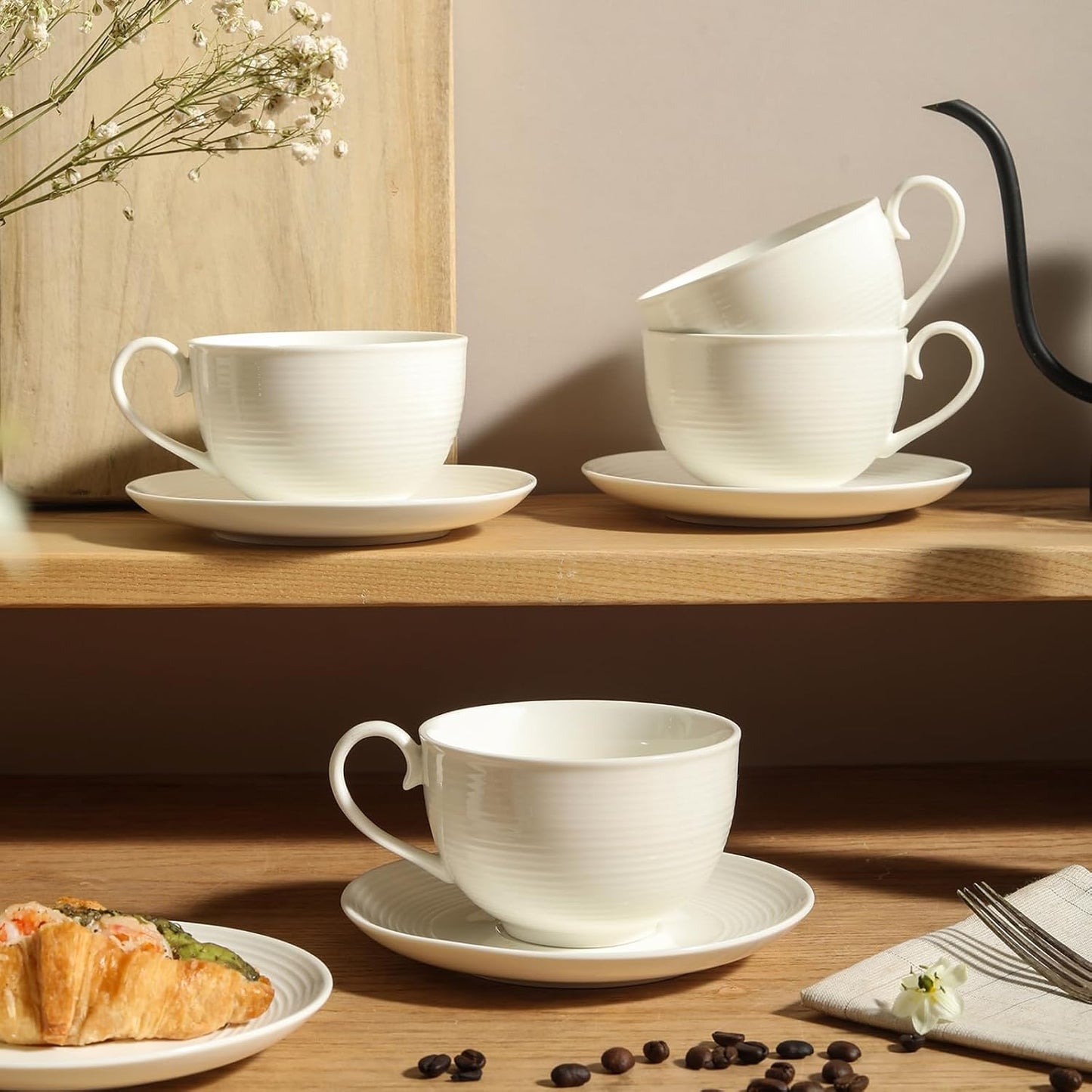 10OZ Porcelain Cappuccino Cups with Saucers, Ceramic Espresso Cups Set, White Coffee Cup and Saucer, White Tea Cup Set, Dishwasher & Microwave Safe, Gift for Anniversary or Housewarming (4PCS) ﻿