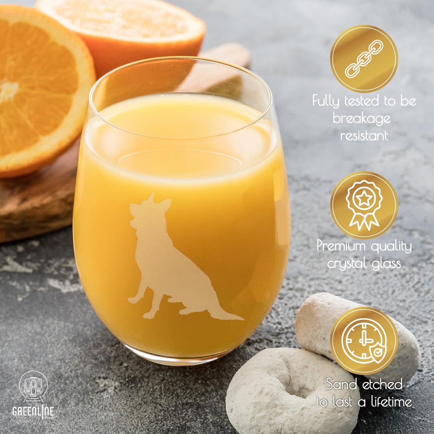 German Shepherd Stemless Wine Glasses (Set of 2) | Unique Gift for Dog Lovers | Hand Etched with Breed Name on Bottom