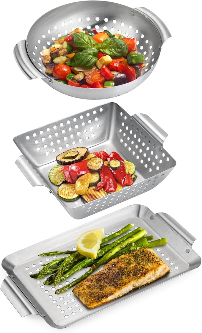 Onlyfire 3 Packs Grill Baskets, Heavy Duty Stainless Steel Perforated Vegetable Grill Baskets, 3 Piece Mini Grilling Basket Set, Grill Pan for Outdoor Grill