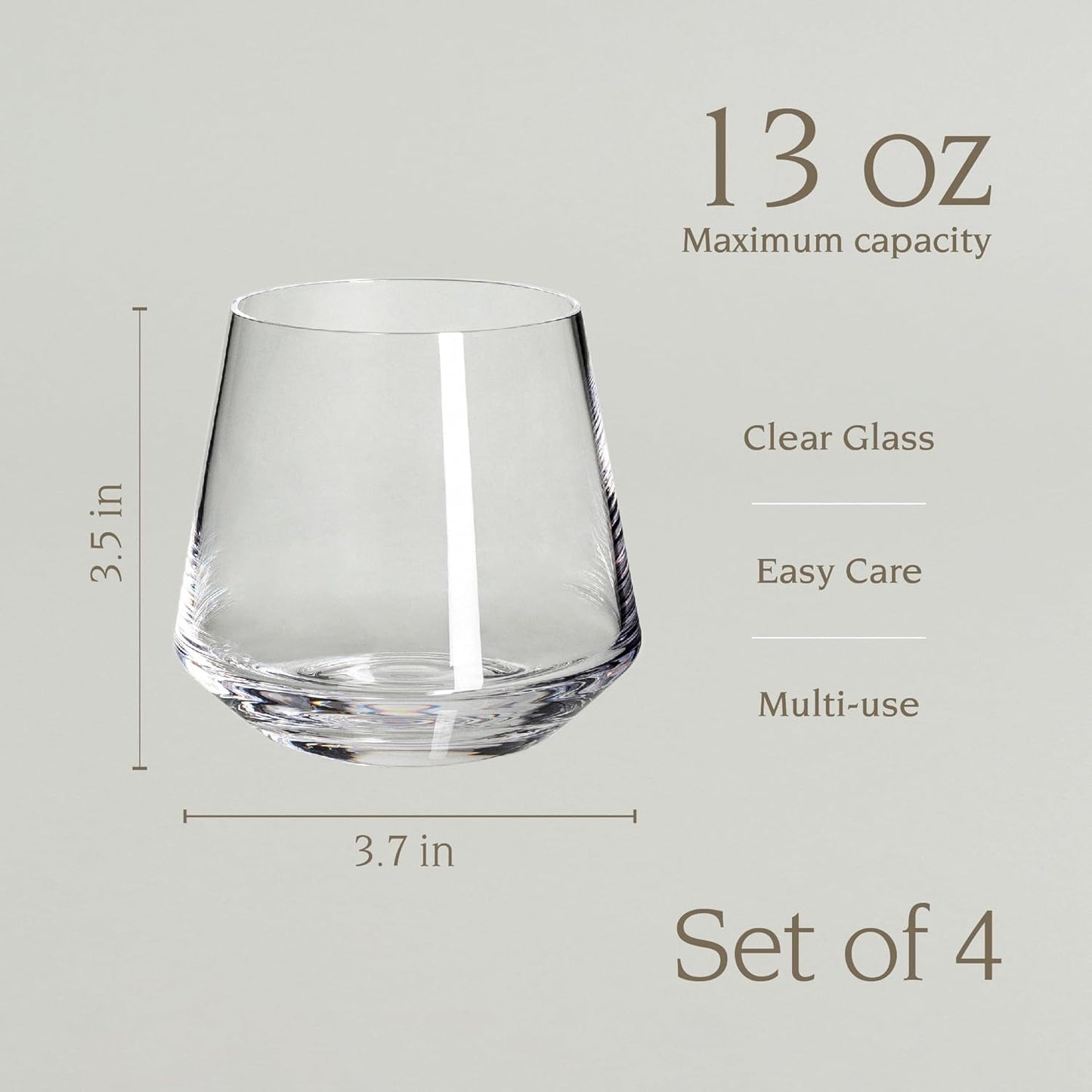 over&back 13oz Modern Glassware - Set of 4 Contemporary Stemless Drinking Glasses for Parties, Get-togethers, and More - Mouth-Blown - Wine Cups for Kitchen and Dining Room - Clear