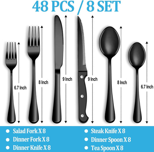48 Pcs Black Silverware Set with Steak Knives, Stainless Steel Flatware Cutlery Set Service for 8, Kitchen Tableware Set, Utensil Set for Home and Restaurant, Knives Forks Spoon Set, Dishwasher Safe