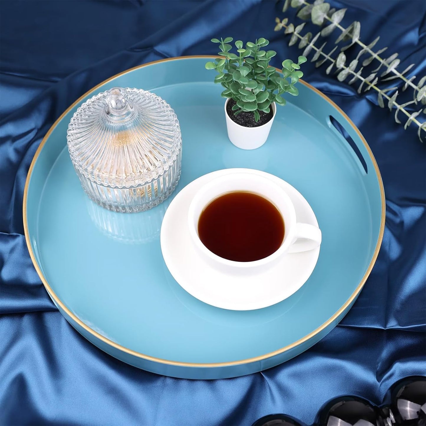 Teal Blue Round Decorative Tray with Handles, 13" Elegant Coffee Table Serving Tray for Ottoman Living Room, Bathroom, Outdoors, Breakfast