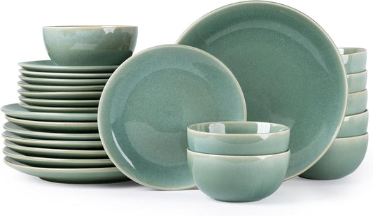 GBHOME Ceramic Dinnerware Sets for 8, 24 Pieces Stoneware Plates and Bowls Sets, Reactive Glaze Dish set -Scratch Resistant, Dishwasher&Microwave Safe-Malachite Green