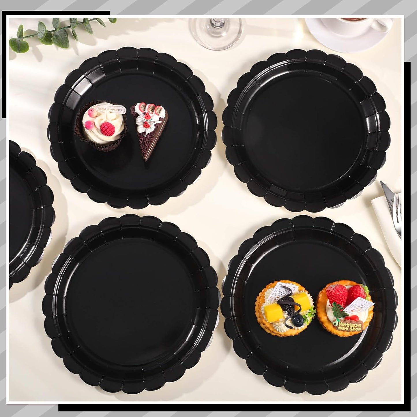 30 Pcs Black Paper Plates，9 Inch Disposable Halloween Plates Scalloped Black Cute Dessert Dinner Plate for Wedding, Birthday, Halloween