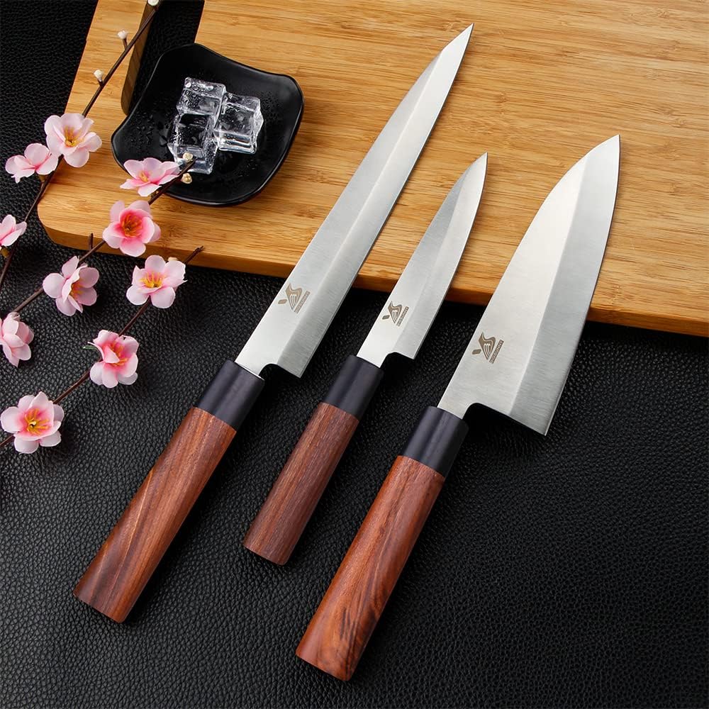 MSY BIGSUNNY 3pcs Sashimi Knives Set - Sushi Knife Set (3 in 1) - Stainless Steel - Brown