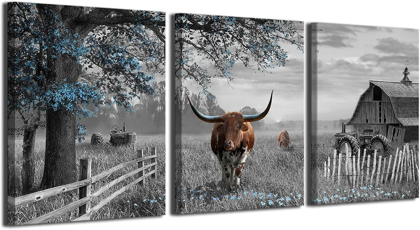 yiijeah Western Wall Decor - Rustic Blue Tree Brown Cow 3 Piece Wall Art - Farmhouse Black and White Picture Canvas Artwork for Walls - Field Scenery Wall Art