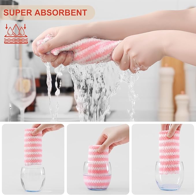 Homaxy Kitchen Towels(12 Pack, 10 x 20 inches), Ultra Soft and Absorbent Dish Towels, Reusable Fast Drying Microfiber Cleaning Cloth, Coral Velvet Wave Design No-lint, Pink