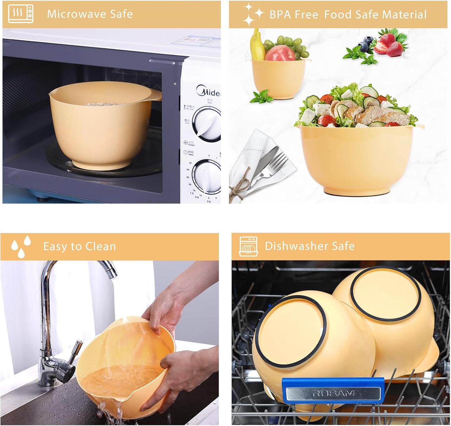 BoxedHome Nesting Plastic Mixing Bowl Set, 4 Piece Mixing Bowl Set with Pour Spouts, Size 1.7, 2.5, 3.5 and 4.5qt, for Prepping, Mixing, Baking, Cooking, Maize