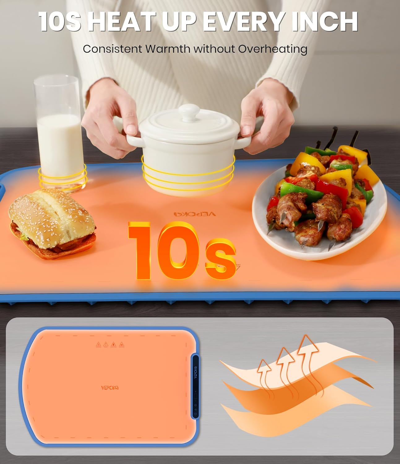 Warming Mat for Food, VEPOKA Food Warmer Mat for Countertop, Electric Warming Tray with 7 Temp Levels & Auto Shut-Off, Food Warmers for Parties, Ideal Gift for Kitchen & Buffet Use