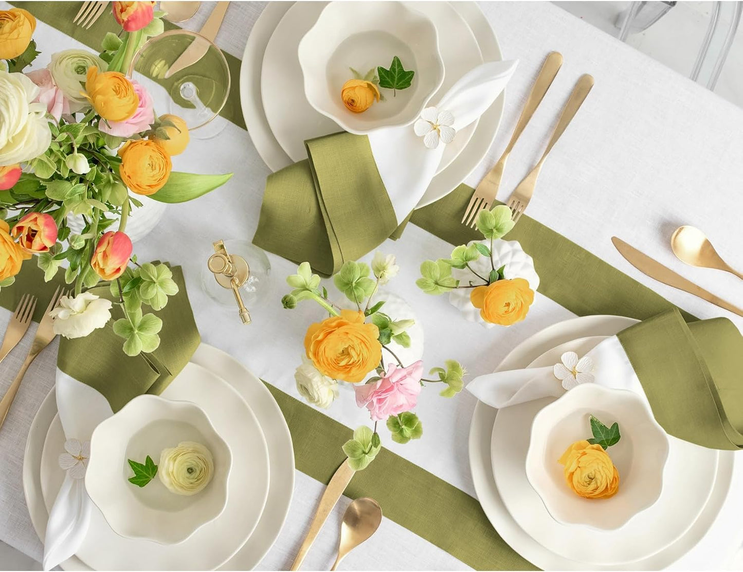 Solino Home Linen Table Runner 36 Inches - 100% Pure Linen Avocado and White Small Table Runner 14 x 36 Inch Ideal for Dresser and Coffee Tables - Fall, Autumn, Thanksgiving - Contempo