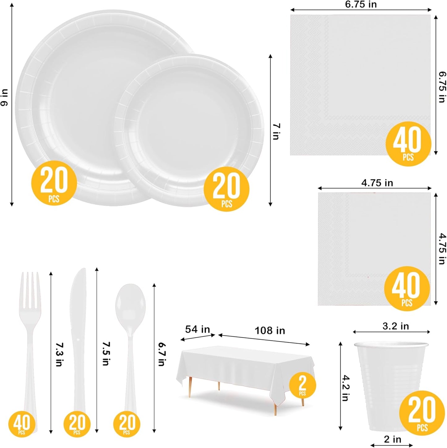 222 Pcs White Paper Plates and Napkins Sets, Disposable Plates For Party, Lunch & Cocktail Napkins Paper, 18oz Plastic Cups, Cutlery and White Table cloth Plastic Dinnerware Set