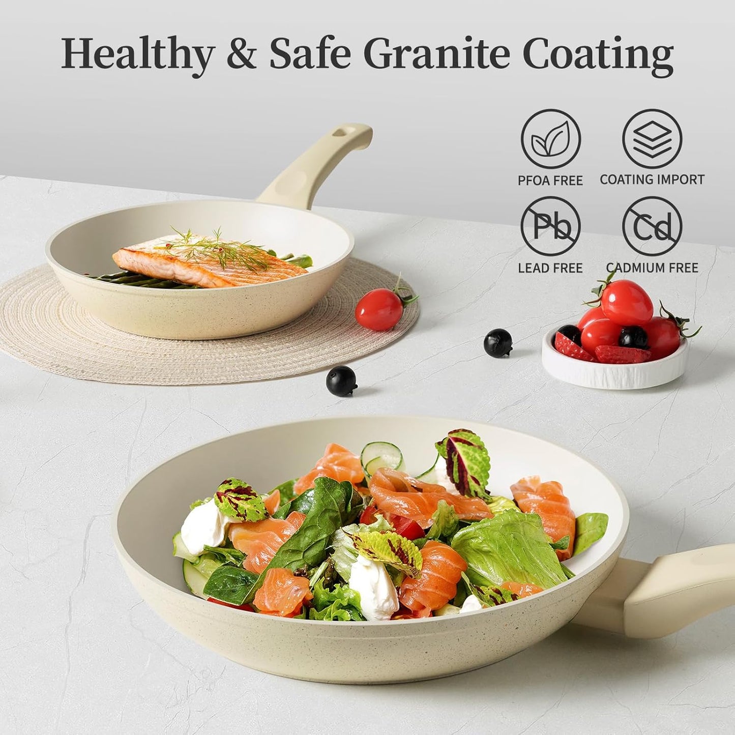 Granite Nonstick Cookware Set - 3 Pcs Induction Skillets, Egg & Omelette Frying Pans with Lids, Healthy, No Toxic, PFOA Free