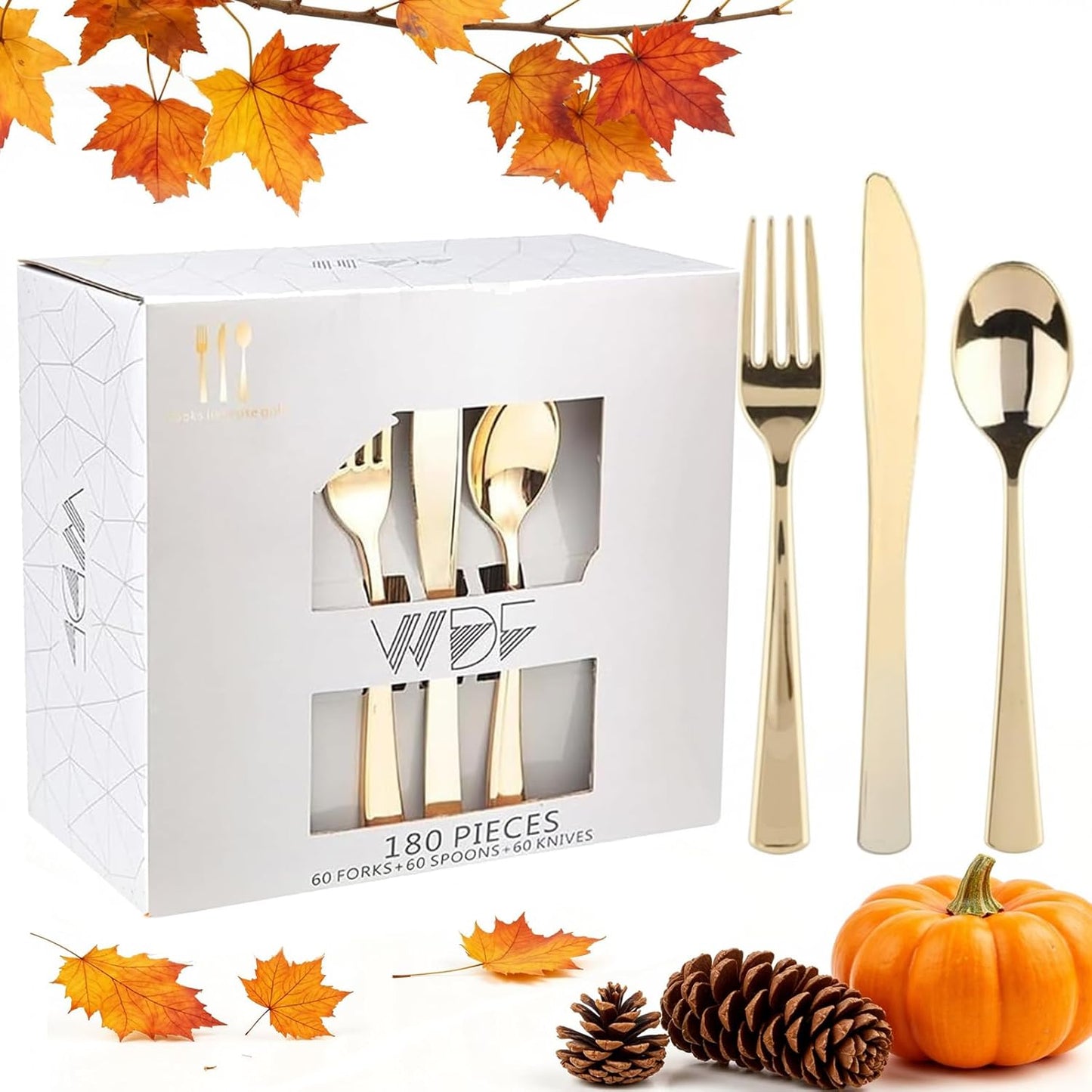 WDF 180 Pieces Disposable Plastic Gold Silverware Cutlery - Disposable Flatware Set 60 Forks, 60 Knives and 60 Spoons - Heavy Duty Gold Plastic Cutlery - Utensils for Party, Wedding, Thanksgiving
