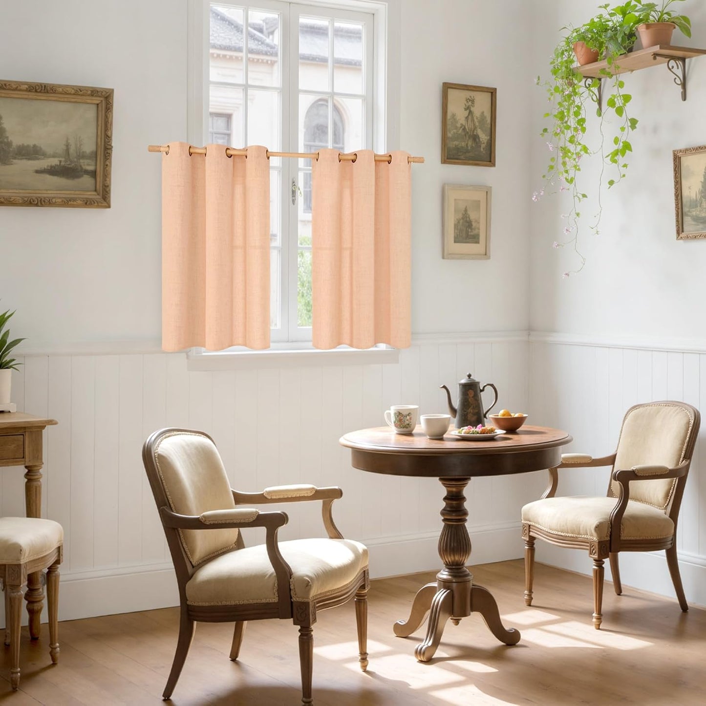 YoungsTex Peach Linen Semi Sheer Curtains 40 Inches Long for Kitchen Cafe Window, Short Drapes with Bronze Grommet Privacy Light Filtering for Living Room Bathroom Bedroom, 42 x 40 Inch, 2 Panels