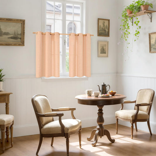 YoungsTex Peach Linen Semi Sheer Curtains 40 Inches Long for Kitchen Cafe Window, Short Drapes with Bronze Grommet Privacy Light Filtering for Living Room Bathroom Bedroom, 42 x 40 Inch, 2 Panels