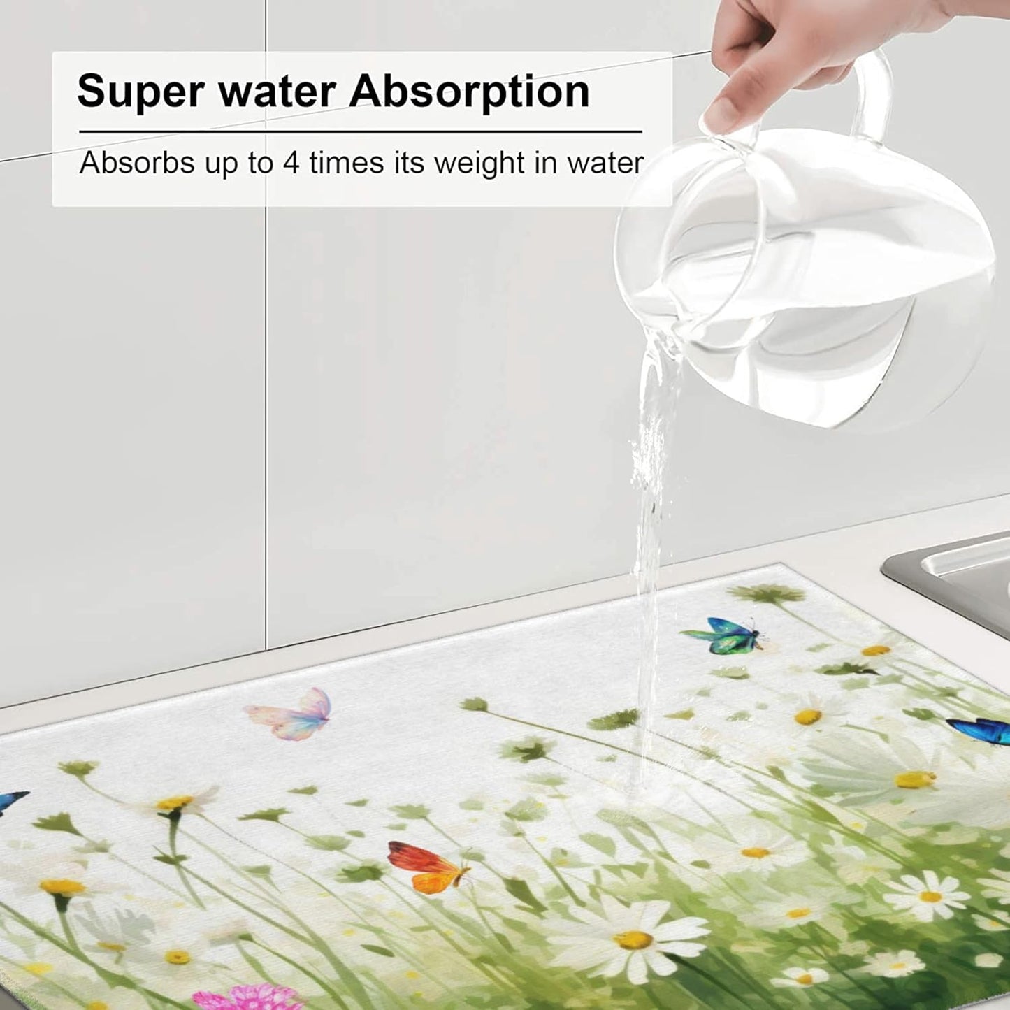 Vintage Watercolor Daisy Butterfly Dish Drying Mat for Kitchen Counter, 18"x24" Microfiber Absorbent Fast Dry Mat, 2Pcs Dish Mat Faucet Mats Sets, Large Drying Kitchen Mat Kitchen Drying Pad