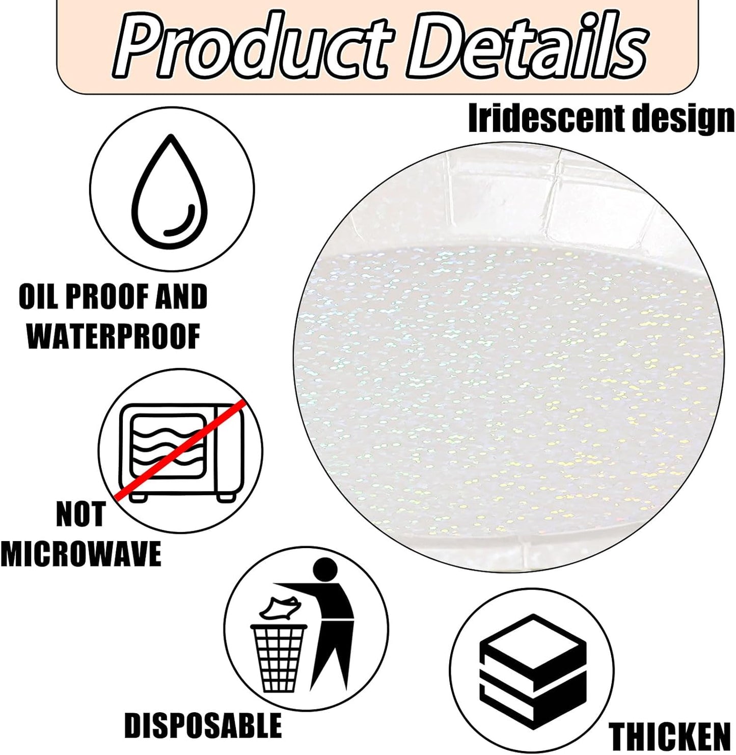 50 Pcs Iridescent White Paper Plates 25 × 7'' and 25 × 9'' Disposable White Shiny Holographic Foil Dinner Plates for Wedding Baby Shower Birthday Christmas Party Glitter Dessert Plate