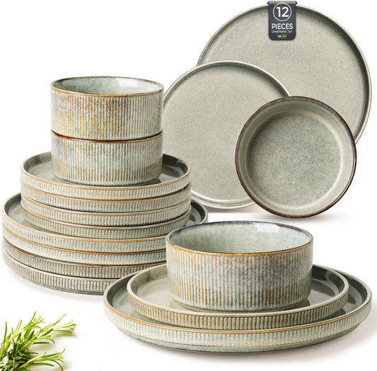 GBHOME Stoneware Dinnerware Sets for 4,Round Reactive Glaze Ceramic Plates and Bowls Set, Highly Scratch Resistant | Dishwasher & Microwave Safe Dishes Set,Service for 4(12Pcs)
