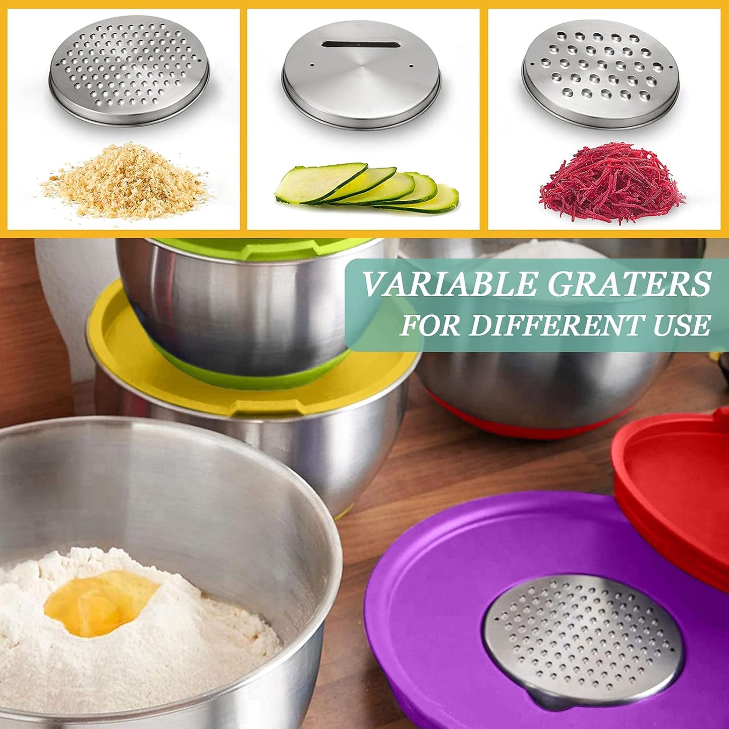 Wildone Mixing Bowls with Airtight Lids, 22 PCS Stainless Steel Mixing Bowls Set, 3 Grater Attachments, Measurement Marks & Non-Slip Bottom, Size 5, 4, 3, 2,1.5, 0.63QT, Ideal for Mixing & Prepping