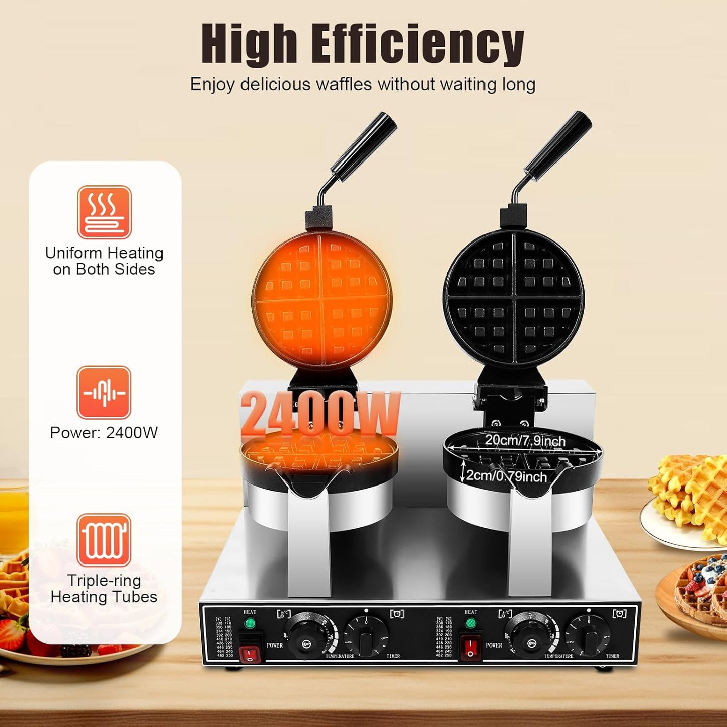 2400W Electric Waffle Maker Machine, Double Head Electric Cake Waffle Maker 122-572℉ Non-stick Waffle Stick Maker for Home & Commercial Use