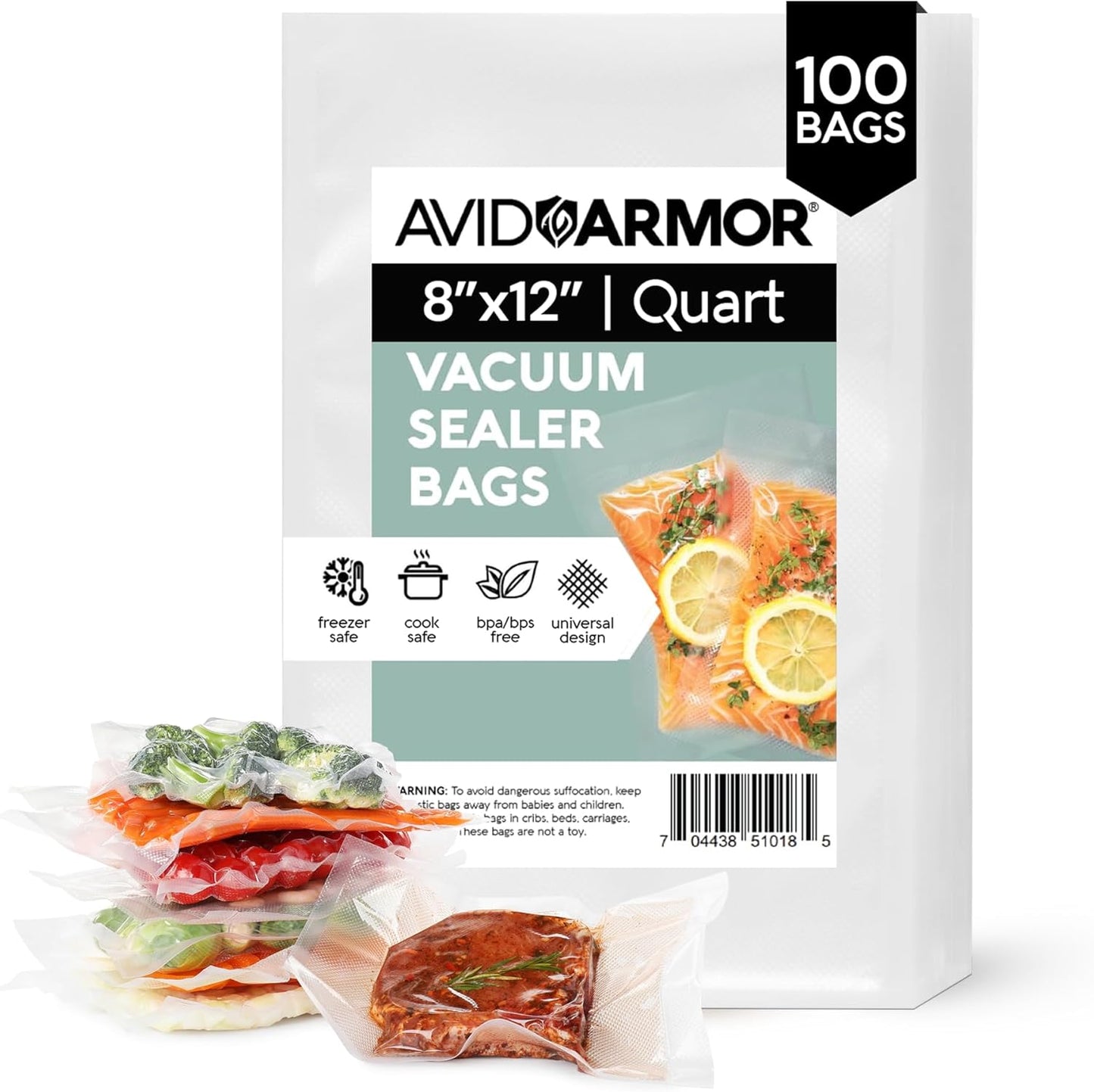 Avid Armor Vacuum Sealer Bags Quart 8x12 Inch 100 Pack for Food Saver, Seal a Meal Vacuum Seal Machines, Commercial Grade Heavy Duty BPA Free for Sous Vide and Meal Prep Precut Storage Bag