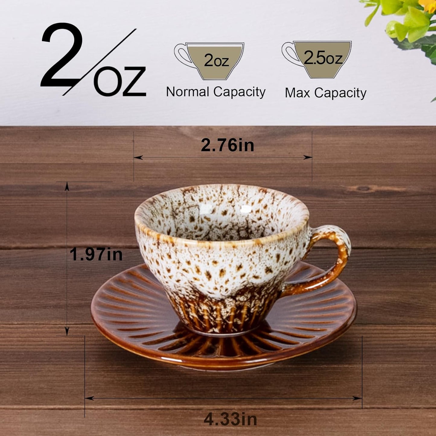 2 oz Espresso Cups Set of 2, Ceramic Cappuccino Cups with Saucers, Durable Porcelain Tea Set & Modern Coffee Cup Collection, Coffee Lover Gifts, Glazed White
